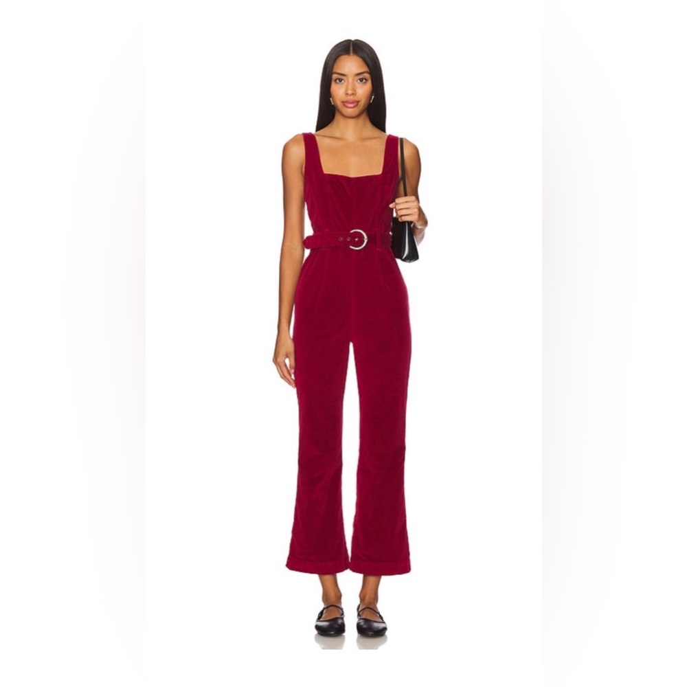 Free People Burgundy Velvet Belted Jumpsuit